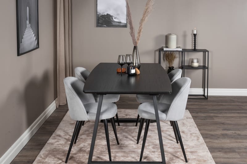 Spisegruppe Venture Home Inca spisegruppe uttrekkbar 160 cm rektangulær med 4 Velvet-stoler Svart/lysegrå 2 - Møbler - Bord - Spisegruppe