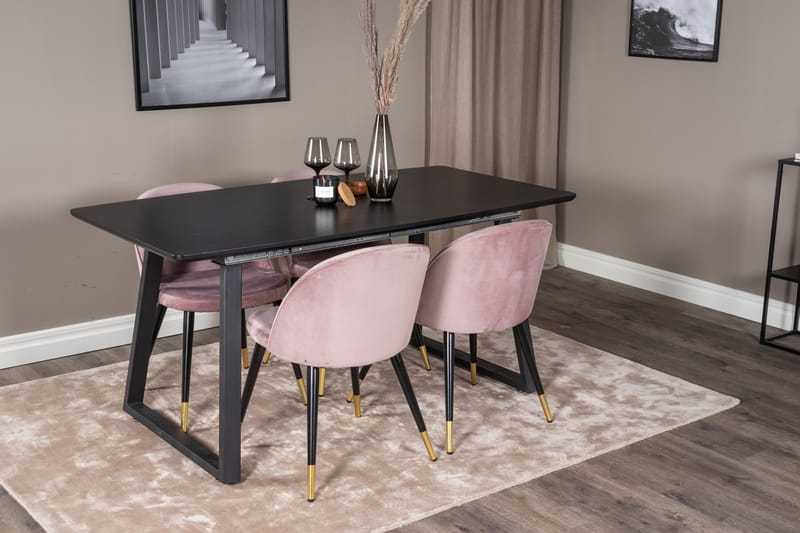 Spisegruppe Venture Home Inca spisegruppe uttrekkbar 160 cm rektangulær med 4 Velvet-stoler Svart/rosa - Møbler - Bord - Spisegruppe