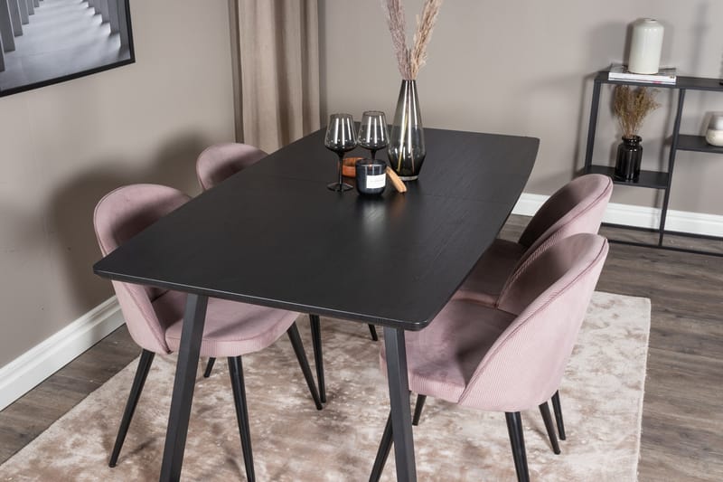 Spisegruppe Venture Home Inca spisegruppe uttrekkbar 160 cm rektangulær med 4 Velvet-stoler Svart/rosa2 - Møbler - Bord - Spisegruppe