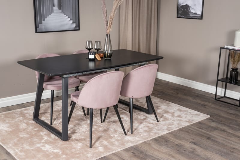 Spisegruppe Venture Home Inca spisegruppe uttrekkbar 160 cm rektangulær med 4 Velvet-stoler Svart/rosa2 - Møbler - Bord - Spisegruppe