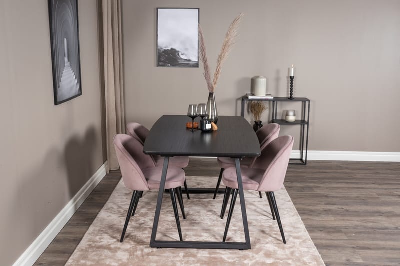 Spisegruppe Venture Home Inca spisegruppe uttrekkbar 160 cm rektangulær med 4 Velvet-stoler Svart/rosa2 - Møbler - Bord - Spisegruppe