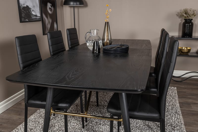 Spisegruppe Venture Home Irunea spisegruppe uttrekkbar 180–220 cm rektangulær med 6 Zovese-stoler Svart/GULL - Møbler - Bord - Spisegruppe