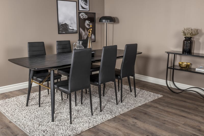 Spisegruppe Venture Home Irunea spisegruppe uttrekkbar 180–220 cm rektangulær med 6 Zovese-stoler Svart/GULL - Møbler - Bord - Spisegruppe