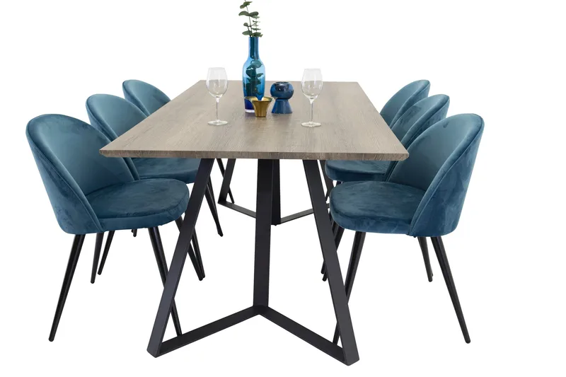 Spisegruppe Venture Home Marina spisegruppe 180 cm rektangulær med 6 Velvet-stoler Svart/blå/Grå