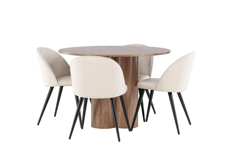 Spisegruppe Venture Home Olivia spisegruppe 110 cm rund med 4 Velvet-stoler Mocca/Beige/Svart