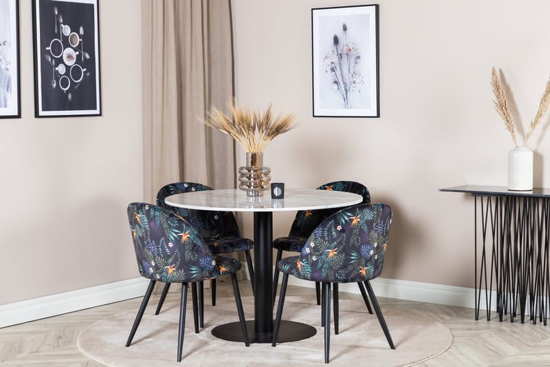 Admira Spisegruppe 106 cm Rundt Marmor inkl. 4 Sedavi Stoler - Hvit/Svart/Blå - Møbler - Bord - Spisegruppe