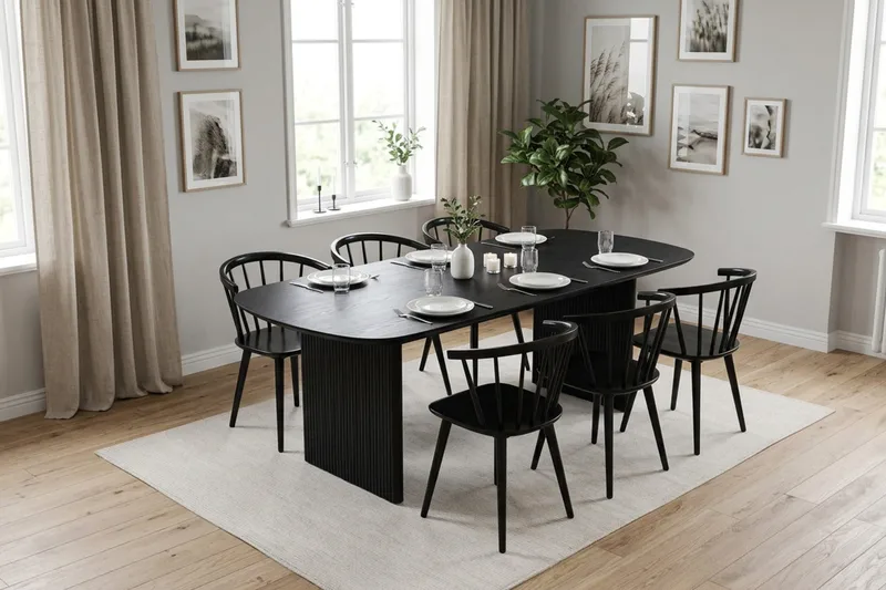 Alma spisegruppe rektangulær 180 cm svart med 6 Tyrö spisestoler - Svart - Møbler - Bord - Spisegruppe