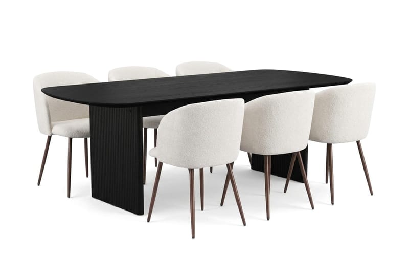 Alma spisegruppe rektangulær 220 cm svart med 6 Greya spisestoler, Svartbeiset eik