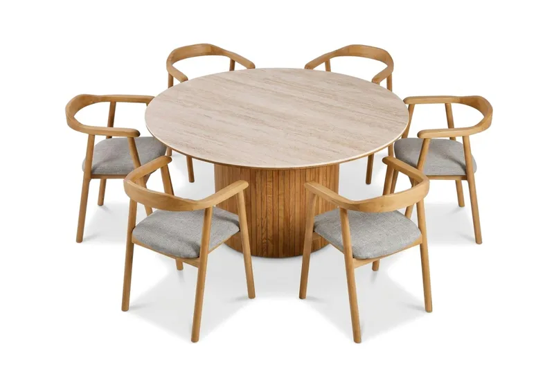 Arvo spisegruppe rund 150 cm eik med 6 Jolie spisestoler - Eik - Møbler - Bord - Spisegruppe