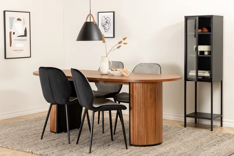 Biana Spisegruppe 200 cm Oval inkl. 4 Emsa Stoler, Valnøttbrun/Lysegrå/Svart