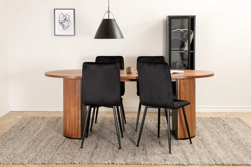 Biana Spisegruppe 200 cm Oval inkl. 4 Robin Fløyelsstoler - Valnøttbrun/Svart - Møbler - Bord - Spisegruppe