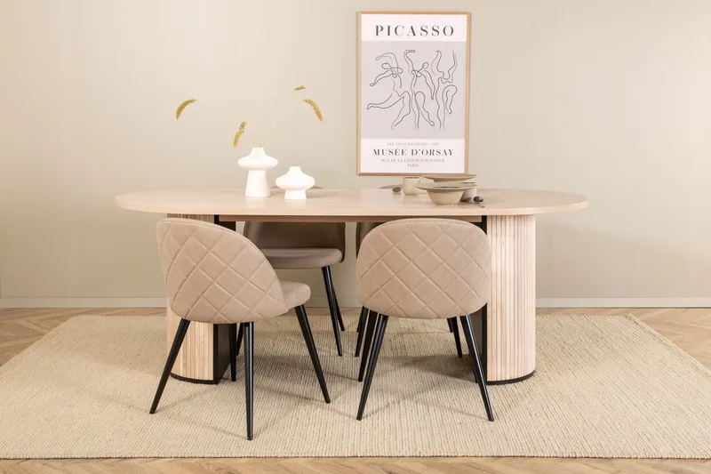 Biana Spisegruppe 200 cm Oval inkl. 4 Velvets Stoler, Beige/Svart