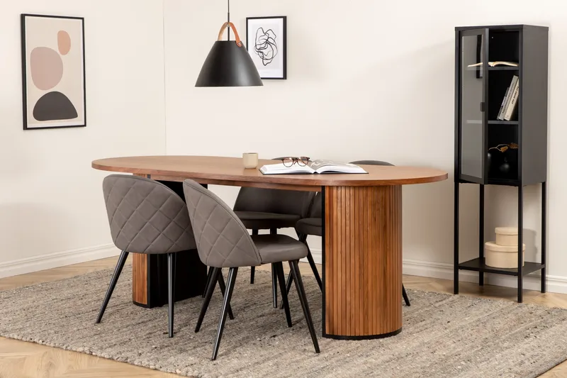 Biana Spisegruppe 200 cm Oval inkl. 4 Velvets Stoler, Valnøttbrun/Grå/Svart