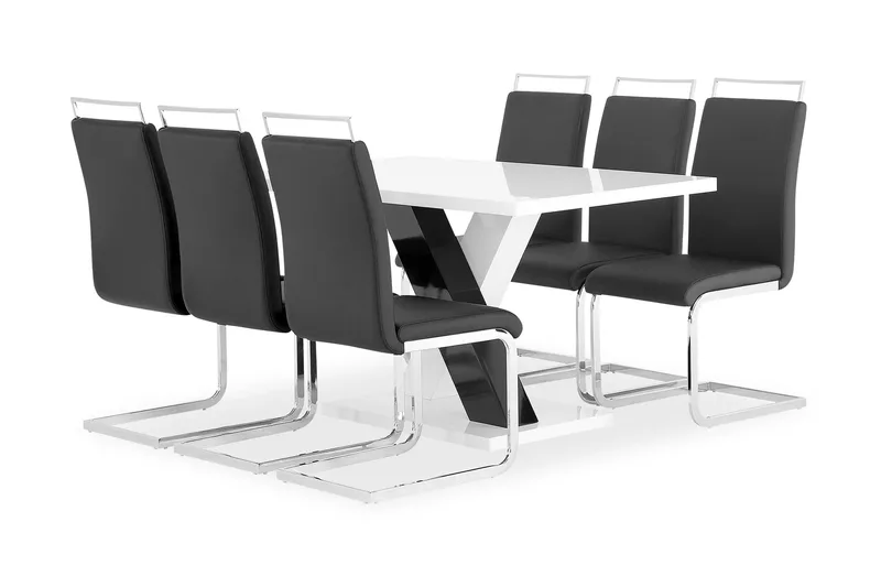 Cesi Spisegruppe Rektangulært spisebord 140 cm + 6 Isoda Lærstoler, Hvit / Svart / Krom