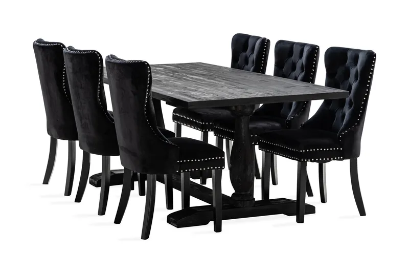 Dijon Spisegruppe 200 cm Rektangulært Spisebord med 6 Bergviken Stoler, Brun / Svart / Fløyel