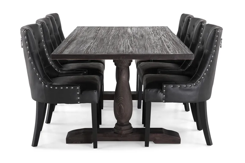 Dijon Spisegruppe 200 cm Rektangulært Spisebord med 6 Tuva Stoler - Vintage Tre / Svart PU - Møbler - Bord - Spisegruppe