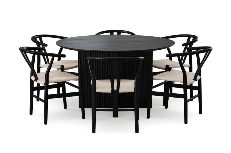 Edda spisegruppe rund 130 cm svart med 6 Dastoori spisestoler - Svart - Møbler - Bord - Spisegruppe