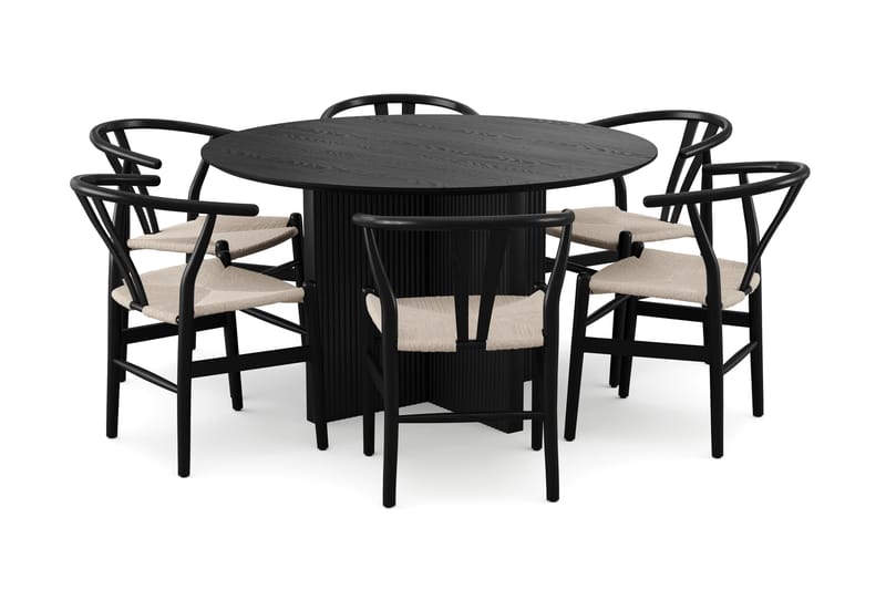 Edda spisegruppe rund 130 cm svart med 6 Dastoori spisestoler, Svart