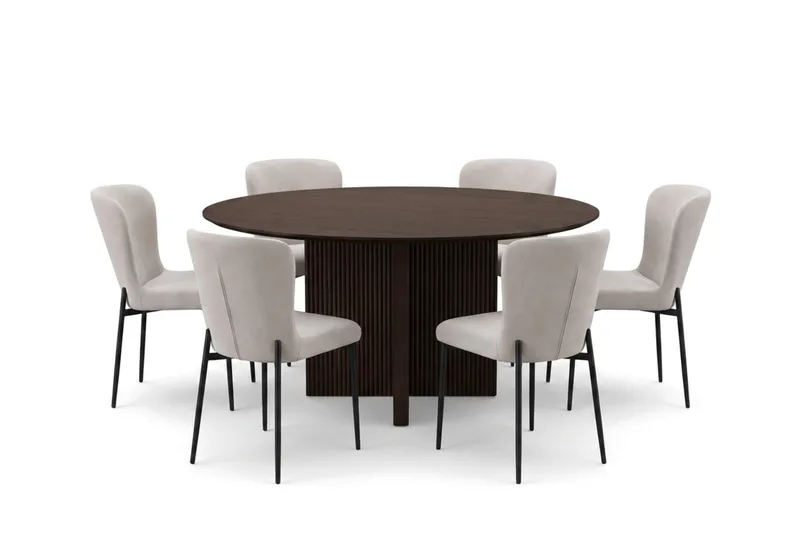 Edda spisegruppe rund 150 cm røkt eik med 6 Elsie spisestoler, Røkt eik/beige