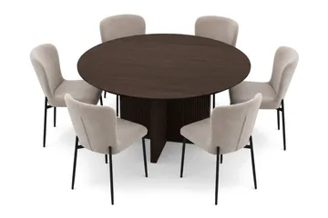 Edda spisegruppe rund 150 cm røkt eik med 6 Elsie spisestoler - Røkt eik/beige - Møbler - Bord - Spisegruppe