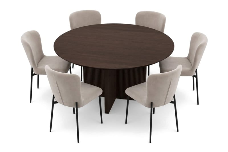 Edda spisegruppe rund 150 cm røkt eik med 6 Elsie spisestoler - Røkt eik/beige - Møbler - Bord - Spisegruppe