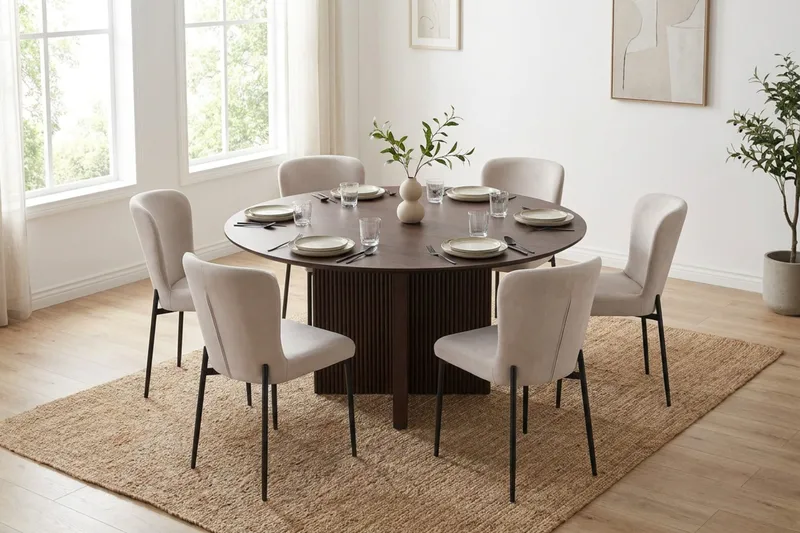 Edda spisegruppe rund 150 cm røkt eik med 6 Elsie spisestoler - Røkt eik/beige - Møbler - Bord - Spisegruppe