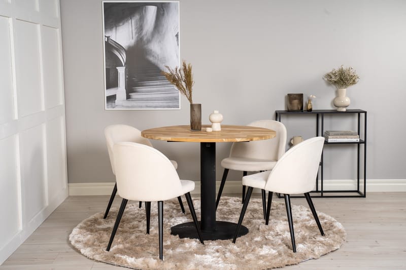 Ezra Spisegruppe 100 cm Rund inkl. 4 Valera Cordfløyelstoler - Teak/Svart/Beige - Møbler - Bord - Spisegruppe