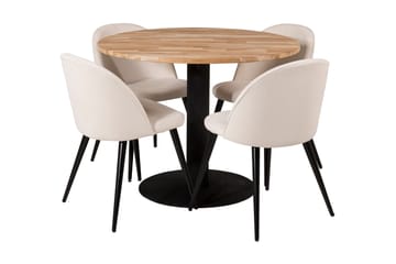 Ezra Spisegruppe 100 cm Rund inkl. 4 Valera Cordfløyelstoler - Teak/Svart/Beige - Møbler - Bord - Spisegruppe