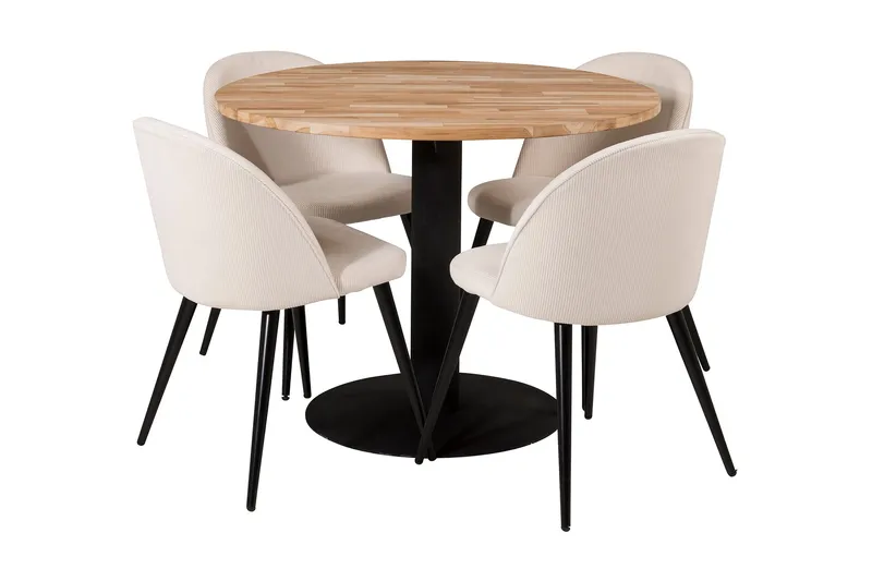 Ezra Spisegruppe 100 cm Rund inkl. 4 Valera Cordfløyelstoler, Teak/Svart/Beige