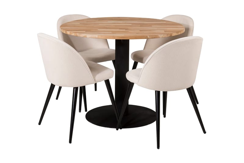 Ezra Spisegruppe 100 cm Rund inkl. 4 Valera Cordfløyelstoler, Teak/Svart/Beige