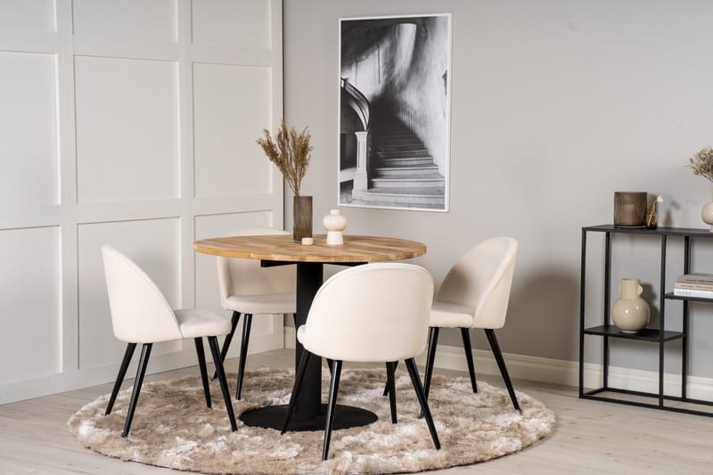 Ezra Spisegruppe 100 cm Rund inkl. 4 Valera Cordfløyelstoler - Teak/Svart/Beige - Møbler - Bord - Spisegruppe