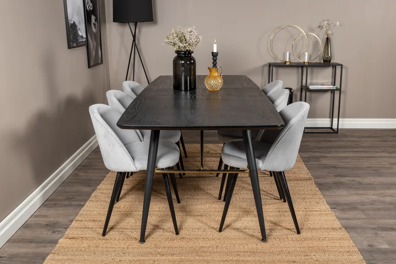 Irunea Forlengningsbar Spisegruppe 180 cm inkl. 6 Valeri Sto - Svart/Grå/Cordfløyel - Møbler - Bord - Spisegruppe