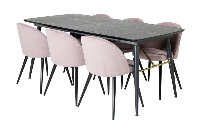 Irunea Forlengningsbar Spisegruppe 180 cm inkl. 6 Valeri Sto, Svart/Rosa/Cordfløyel
