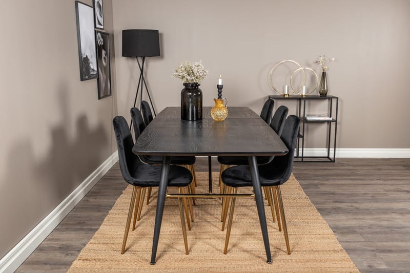 Irunea Forlengningsbar Spisegruppe 180 cm inkl. 6 Pontus Sto - Svart/Messing/Fløyel - Møbler - Bord - Spisegruppe