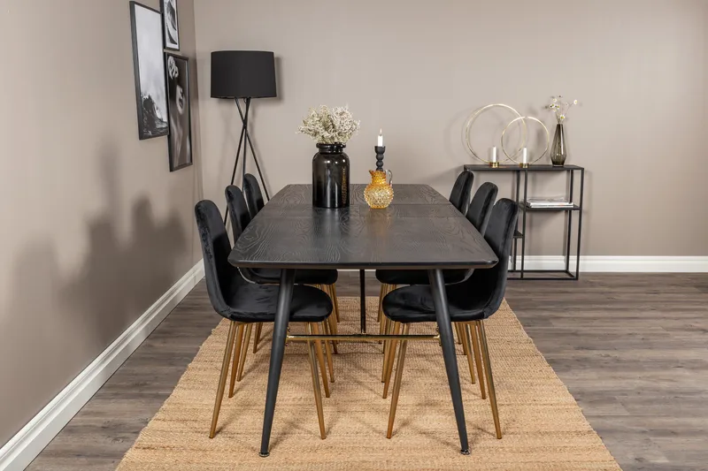 Irunea Forlengningsbar Spisegruppe 180 cm inkl. 6 Pontus Sto - Svart/Messing/Fløyel - Møbler - Bord - Spisegruppe