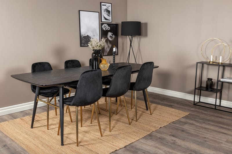 Irunea Forlengningsbar Spisegruppe 180 cm inkl. 6 Pontus Sto - Svart/Messing/Fløyel - Møbler - Bord - Spisegruppe