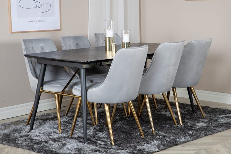 Irunea Forlengningsbar Spisegruppe 180cm inkl 6 Valera Lyx S - Svart/Grå/Messing - Møbler - Bord - Spisegruppe