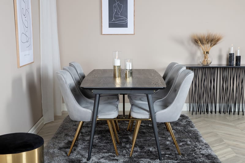 Irunea Forlengningsbar Spisegruppe 180cm inkl 6 Valera Lyx S - Svart/Grå/Messing - Møbler - Bord - Spisegruppe