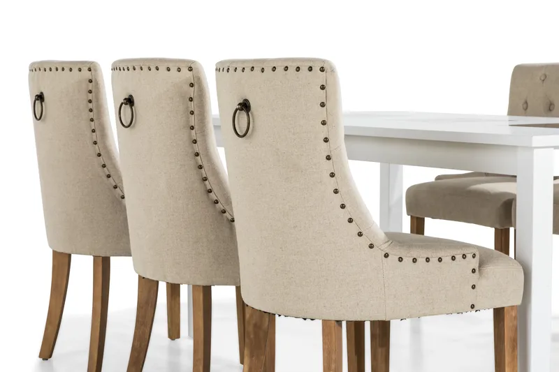 Jasmin Spisegruppe Hvit med 6 Viktoria Stoler - Beige/Vintageben - Møbler - Bord - Spisegruppe