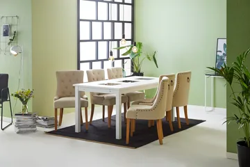 Jasmin Spisegruppe Hvit med 6 Viktoria Stoler - Beige/Vintageben - Møbler - Bord - Spisegruppe