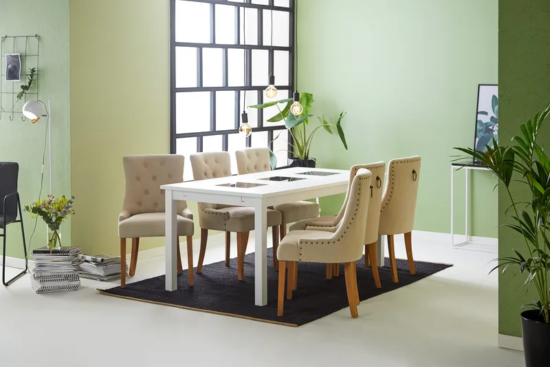 Jasmin Spisegruppe Hvit med 6 Viktoria Stoler - Beige/Vintageben - Møbler - Bord - Spisegruppe