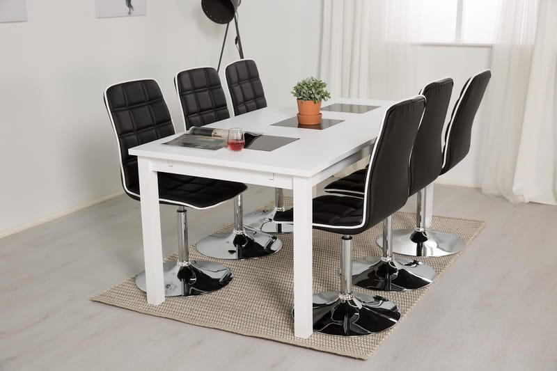 Jasmin Spisegruppe med 6 Frida Stoler - Hvit/Sort PU - Møbler - Bord - Spisegruppe