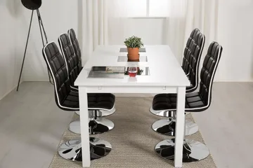 Jasmin Spisegruppe med 6 Frida Stoler - Hvit/Sort PU - Møbler - Bord - Spisegruppe