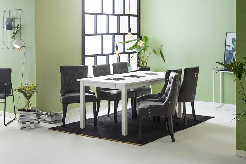 Jasmin Spisegruppe med 6 Tuva Lenestol - Hvit/Svart PU - Møbler - Bord - Spisegruppe