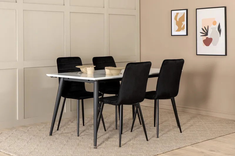 Jimms Forlengningsbar Spisegruppe 150 cm inkl. 4 Robin Stole, Hvit/Svart/Fløyel