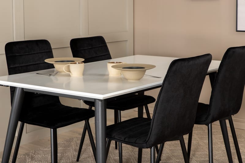 Jimms Forlengningsbar Spisegruppe 150 cm inkl. 4 Robin Stole - Hvit/Svart/Fløyel - Møbler - Bord - Spisegruppe