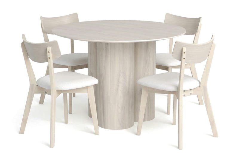 Juno spisegruppe 110 cm rund hvitlasert med 4 Amelia spisestoler med pute - Hvitlasert/Beige - Møbler - Bord - Spisegruppe