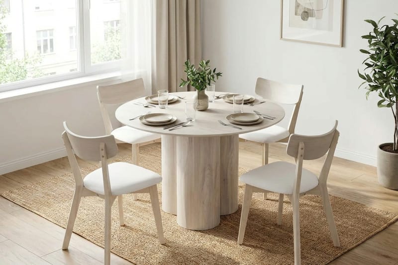 Juno spisegruppe 110 cm rund hvitlasert med 4 Amelia spisestoler med pute - Hvitlasert/Beige - Møbler - Bord - Spisegruppe