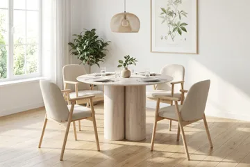 Juno spisegruppe rund 110 cm hvitlasert med 4 Reciclar spisestoler - Hvitlasert - Møbler - Bord - Spisegruppe