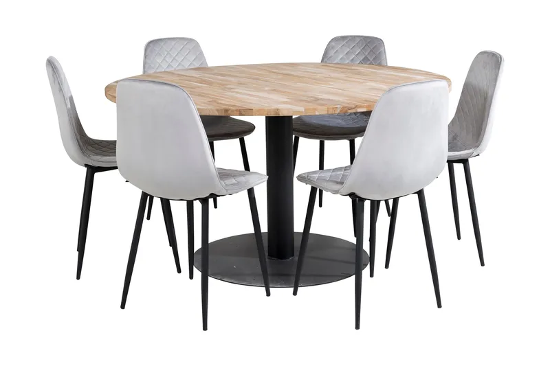 Kimberlee Spisegruppe 140 cm Rund inkl. 6 Ypas Stoler, Teak/Svart/Grå